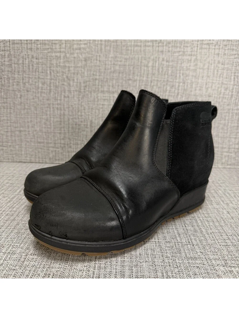 Sorel Booties Womens Sz 8 Black Leather & Suede Pull On Chelsea Ankle Boots Evie